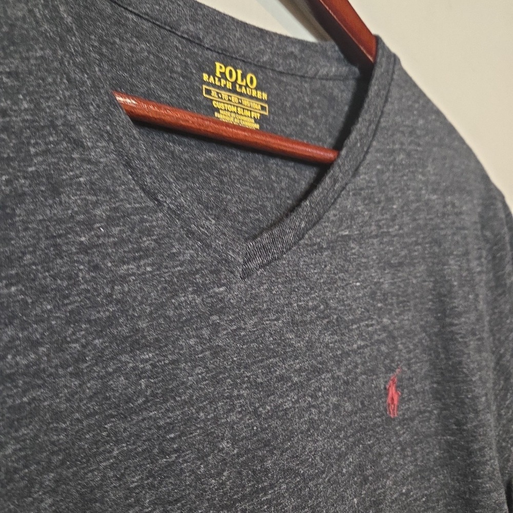 Polo Ralph Lauren V-Neck T-Shirt Mens XL Custom Slim Fit‎ Gray Heather Red Pony